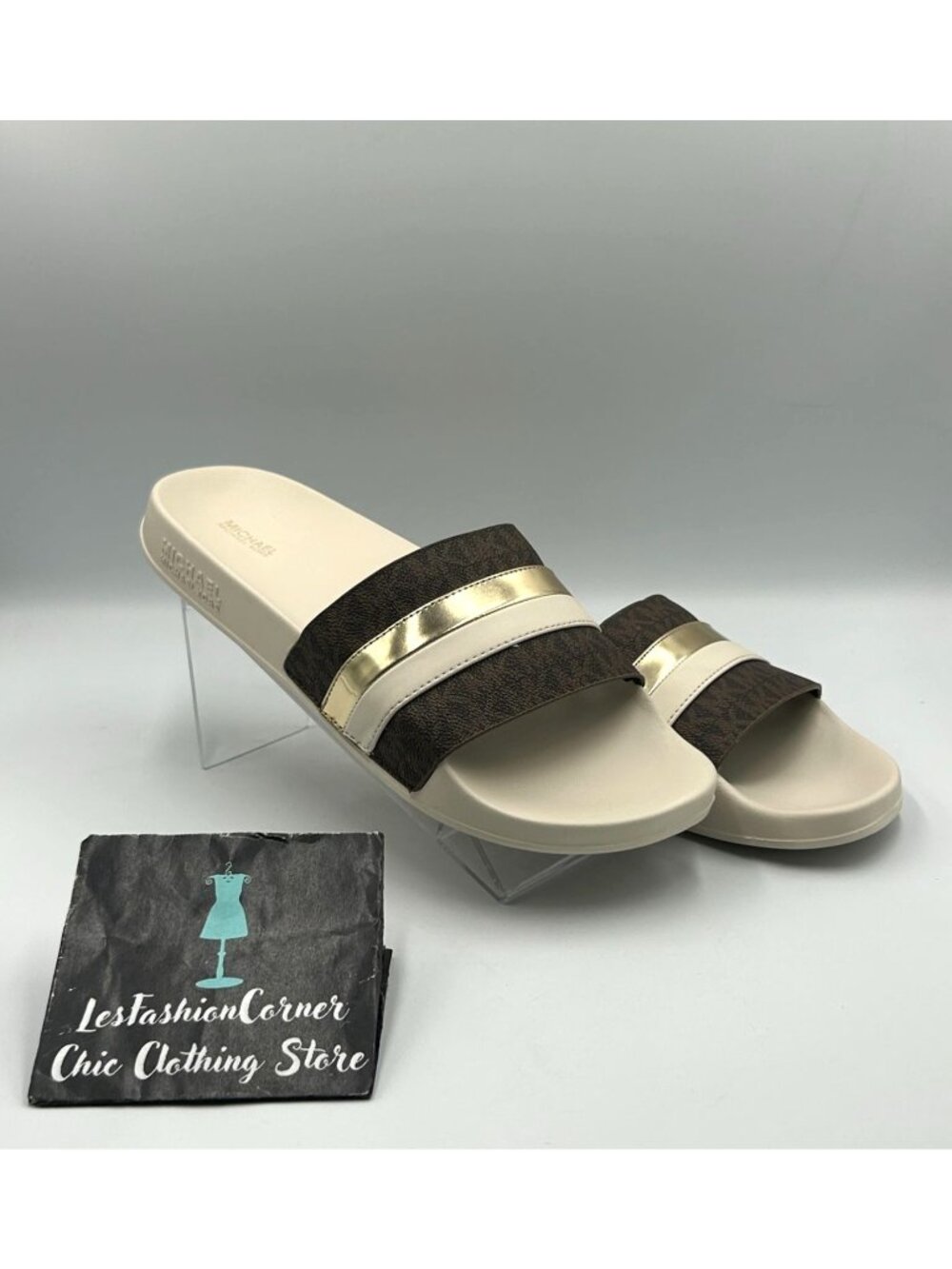 NWOB Michael Kors Men's Rubber White Brandy Metallic Striped Sandal Size 11 3490 - Picture 11 of 16
